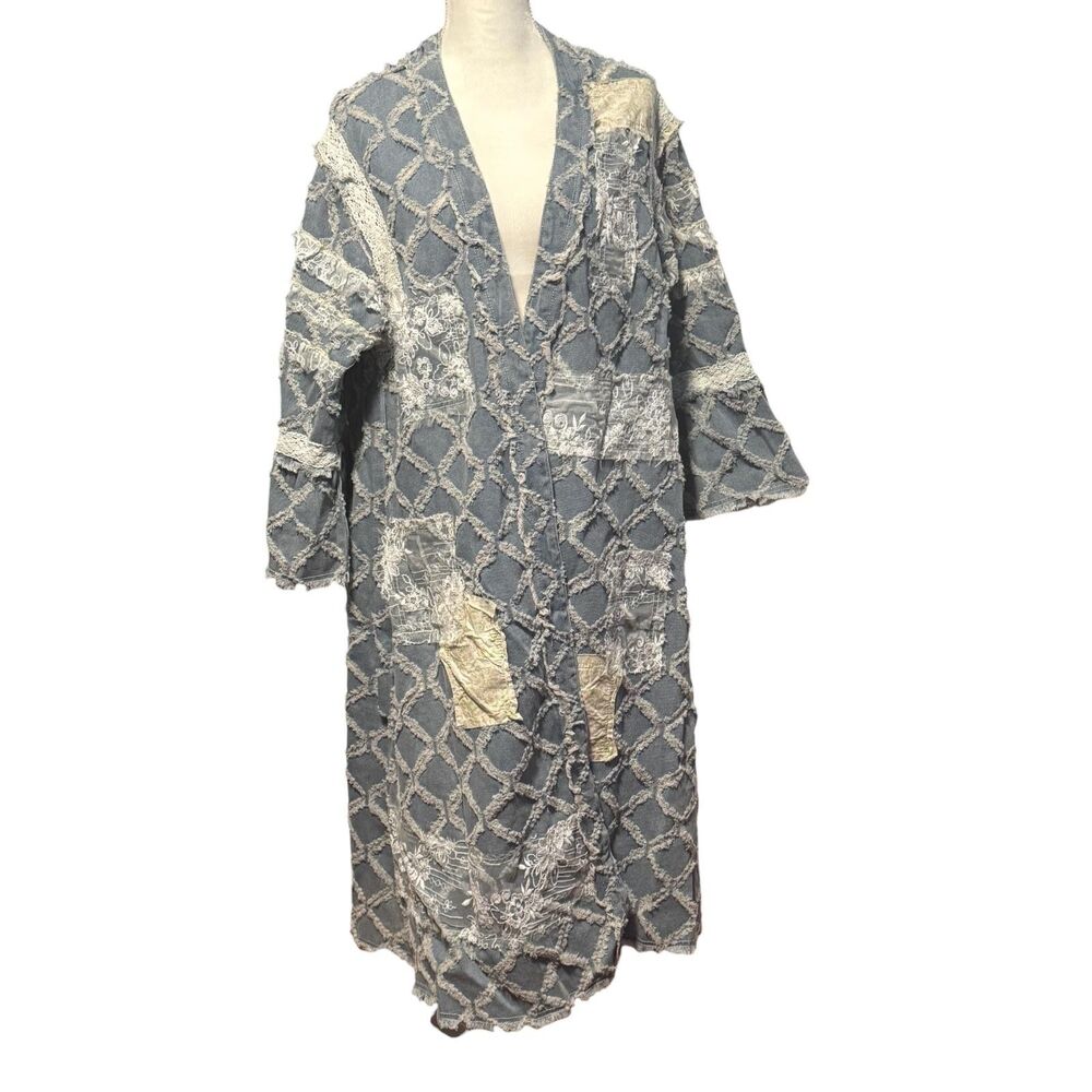 POL Premium Womens Small Blue Denim Long Duster Lace Patchwork Boho Oversized‎ - Picture 3 of 16